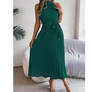Classic Halter Neck Pleated Midi Dress